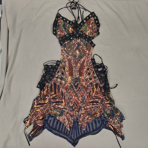 Disco Lemonade Lace Up Halter Dress Womens Medium Fairy Rave Sequin Pink Green - Picture 2 of 9